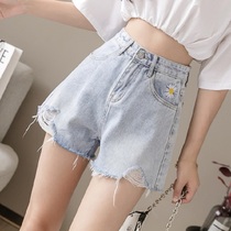 New embroidered little daisy denim shorts womens hot pants 2021 summer versatile high waist thin hole wide leg pants tide