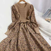 Autumn and winter new womens slim knitted sweater stitching base long skirt temperament corduroy floral dress