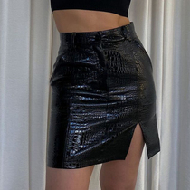 European and American puleather crocodile high waist black skirt women 2021 slim Joker skirt