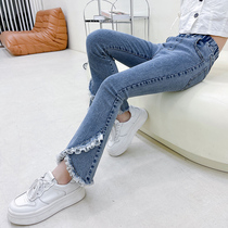 Girl Elastic Jeans Spring Autumn 2022 New Children Tight Fit Pants Tide CUHK Kid Trendy Trumpeter Pants Foreign Air
