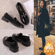 Tide brand English style small leather shoes women 2021 autumn and winter New black plus velvet rough heel flat Joker JK bean single shoes
