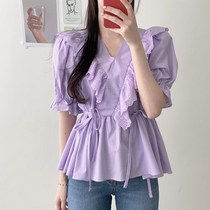 Stitching womens lace-up wild lace collar Korean version thin side lace-up waist solid color top lace-up Chiffon loose