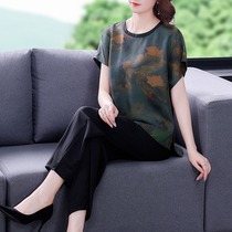 Your lady Xiangyun yarn silk suit 2021 summer new vintage printing middle-aged large size womens two-piece set