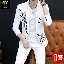 Suit two-piece set 2020 Autumn New Net red suit suit suit mens trend casual white personality print coat