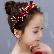 Red childrens girl crown headdress flower girl princess Super fairy hair hoop foreign air Chinese style performance hair decoration female ancient style