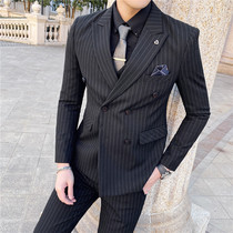 Suit suit Mens summer professional formal suit Business casual double-breasted striped suit Best man groom wedding dress