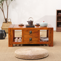 Old Elm Chinese tatami tea table solid wood small square table floating window table small tea table low table Kang table and room