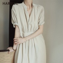  French retro loose thin mid-length skirt 2021 summer new solid color short-sleeved dress temperament commuter