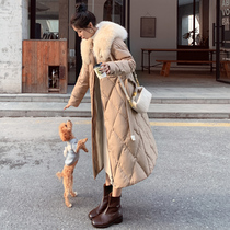 Big fur collar long knee down jacket women's 2021 winter fashion waist style slim white duck down winter coat