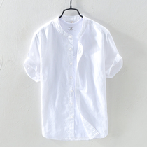 Stand-up collar cotton linen short sleeve shirt Mens summer linen top dress White Casual round neck linen shirt Mens