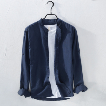 Trend Japanese stand-neck cotton shirt mens casual linen fabric long sleeve clothes summer round neck linen shirt