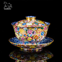 Sancai Gaiwan Single Jingdezhen handmade blue and white porcelain enamel color Kung Fu tea set Tea making large teacup Teacup