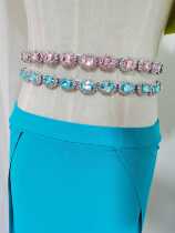 Belly dance waist chain New belly button chain color diamond dance elastic rhinestone performance super fairy light pink blue dual-purpose promotion