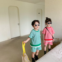 Children suit summer male and female child baby casual ocean gas plaid short sleeve shorts Two sets Kindergarten brother-in-law