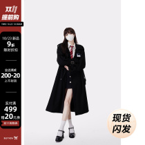 Drawing explanation of WAHJUIS police flower detective black windbreaker jacket womens autumn loose casual drape mid-length coat