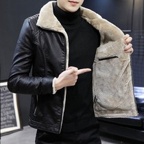 Mens leather winter New velvet leather jacket mens youth slim short Korean version of the Tide brand winter jacket thick coat