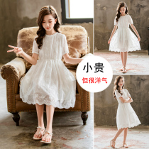  Girls  dresses summer 2021 new middle and large childrens white skirt short-sleeved girls lace princess skirt super western style
