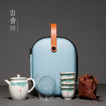 Yan Xiangfang pure hand-painted Lotus celadon teapot one pot four cups portable travel set kung fu tea set
