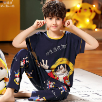 Childrens pajamas boys summer thin cotton short-sleeved trousers 13-year-old boy air-conditioned clothing 12 Middle School students set 15