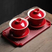 Jiyu Ceramics Jihong blue glaze cover bowl Teacup Tea bowl Household wedding Kung Fu tea set Three-cai cover bowl Tea cup