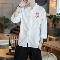 Chinese style Tang suit Chinese style mens embroidery linen shirt summer national clothing youth cotton linen shirt
