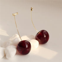 Ultra-positive wine red carts Cherry Earrings Long-in-the-Face Thin Earrings Woman Temperament South Korea Nets Red Earrings