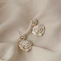 S925 silver needle want pure pearl Camellia earrings temperament senior atmospheric earrings summer earrings