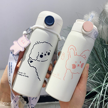 Thermos Cup female Korean cute with suction tube Cup lovers adult children childrens heart ins high value Cup