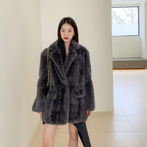 Imported Rex rabbit fur fur medium long fur one suit wool coat female Korean version 2021 Winter New