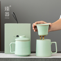 Zhenyou open piece Ru kiln ceramic tea cup tea water separation tea cup filter with cover office water Cup household customization
