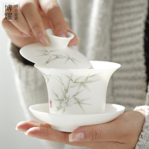 Dehua sheep fat jade white porcelain cover bowl Ceramic tea maker Jing tea bowl Gongfu tea set Single three-cai tea bowl Tea cup