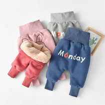 Baby plus velvet pp pants high waist Belly Belly pants boys baby thick winter clothes outside wear butt pants tide baby pants