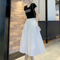White umbrella dress womens 2021 summer thin retro medium-long temperament a-word large swing thin high-waisted skirt