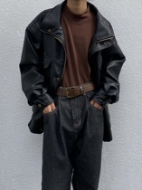 14GSL Yoshi Yamamoto retro style short lapel thick leather jacket men and women lovers loose casual jacket