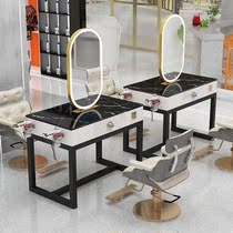 Barber shop mirror LED lamp Hair mirror Single-sided beauty makeup cabinet One-piece marble double-sided ironing table