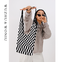 Snail niche designer knitted checkerboard bag Japanese shoulder underarm woven bag black and white lattice bag