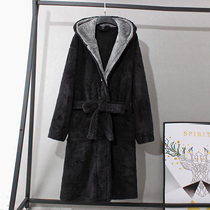 European and American editions of men and women with the same style of winter warm coral suede home sleeping robe with long style lacing thickened close-up and even hat bathrobe