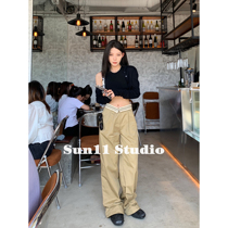 SUN11 card with its color casual broadlegged pants children Summer high waist pituitary sensation slim fit straight cylinder loose towicpants