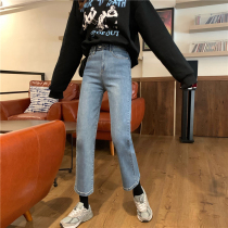  Autumn high waist nine-point pants casual basic jeans womens straight pants retro wild cigarette tube pants blue pants