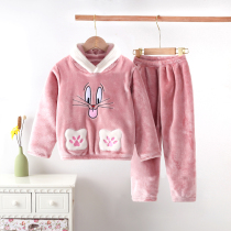 Autumn and Winter Childrens flannel pajamas boys and girls baby home clothes padded set Boys coral velvet
