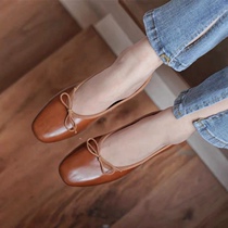 Butterfly knots genuine leather ballet shoes flowers without brown light mouth method small square round head handmade lace soft leather womens shoes