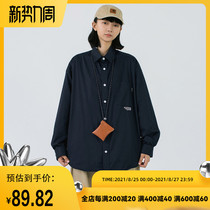  Manner autumn retro loose tooling long-sleeved shirt mens and womens unisex BF style square collar solid color shirt