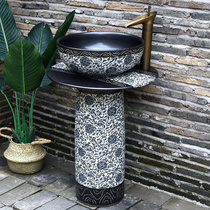 Chinese blue and white column washbasin retro ceramic wash basin outdoor courtyard integrated balcony antique pool