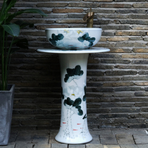 Hand-painted lotus Chinese column washbasin Outdoor courtyard retro bathroom Floor-to-ceiling integrated ceramic washbasin