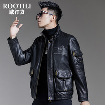 2021 autumn winter leather leather mens stand collar short print flying machine suit mens sheepskin leather jacket coat tide