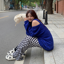 Wang Grape slightly fat mm irregular long sleeve strapless knitwear women autumn temperament loose meat cover large size blue top