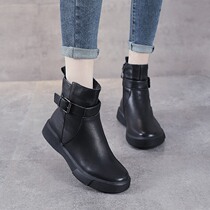 Martin boots female 2021 autumn and winter New flat leather short boots English wind head layer cowhide skinny shoes warm boots tide