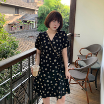  Masisi fat plus size small daisy floral dress summer loose meat cover fat mm black bubble sleeve skirt