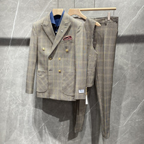 Korean retro plaid suit suit suit men Korean slim double-breasted vest three-piece wedding dress trend