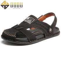  DUDU Dudu summer 2021 mens semi-baotou dual-use sandals leather slippers outdoor flat-bottomed beach shoes for going out